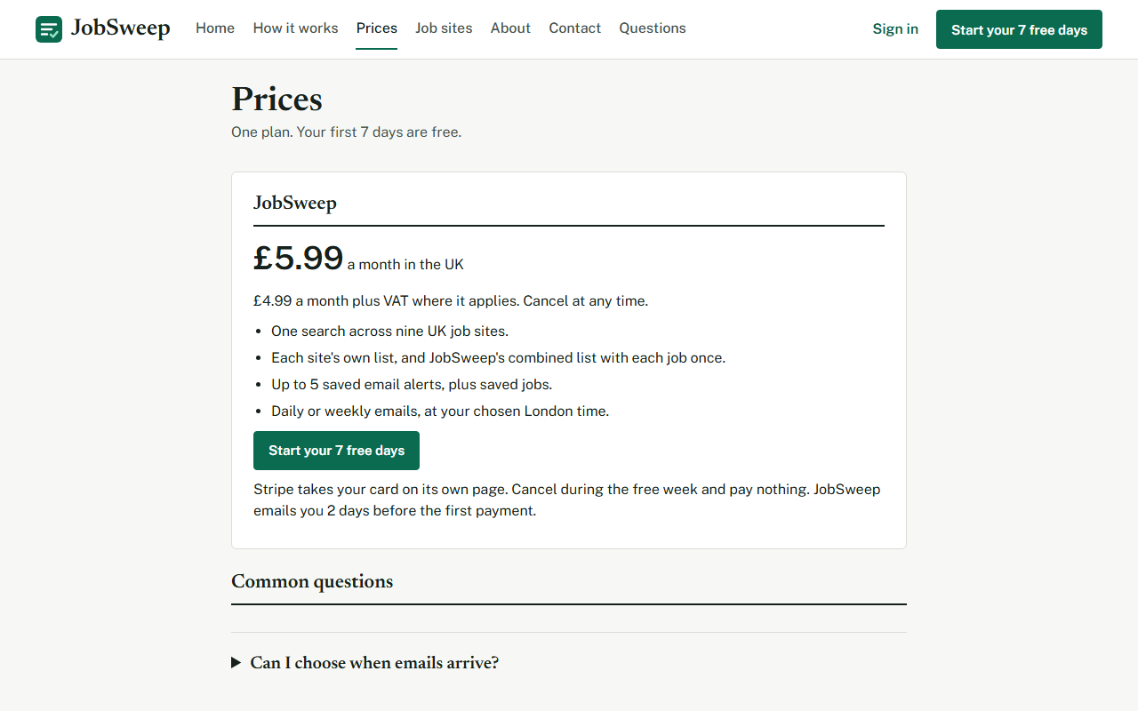 JobSweep price page: £4.99 a month plus VAT
