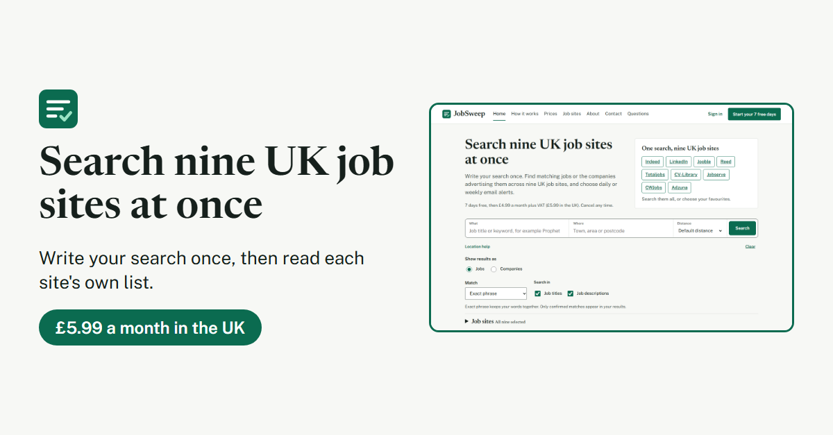 Post picture made by the social helper for JobSweep: Search nine UK job sites at once, with the JobSweep screen beside it